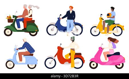 Group of men and women riding various scooters and motorcycles, wearing helmets and casual outfits, showing different ages and styles, isolated on white background vector illustration Stock Vector