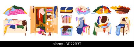 Various heaps of messy clothes, overflowing baskets, cluttered chairs, and untidy closets showing household disorder and laundry clutter set isolated on white background vector illustration Stock Vector
