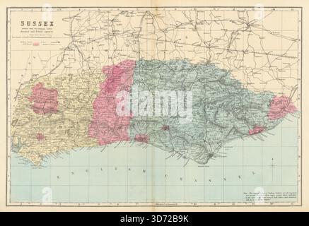 SUSSEX antique county map by GW BACON 1898 old vintage plan chart Stock ...