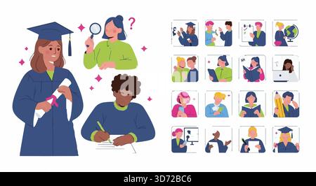 Education themed illustrations. Graduation, studying, learning icons. Diverse students, knowledge, school and university. Vector set. Stock Vector