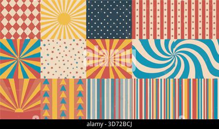 Retro circus pattern set. Vintage style background with stars, stripes, sunburst, polka dots, diamond, and swirl designs. Vector illustration. Stock Vector