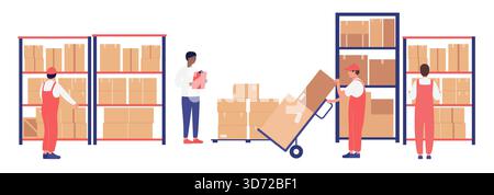 Warehouse workers move and stack boxes on shelves while a supervisor checks inventory with a clipboard. Hand truck, pallets and racks depict logistics process, isolated on white background vector illustration Stock Vector