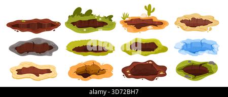 Collection of various cartoon ground holes, pits, and burrows in different environments like soil, grass, sand, and ice, isolated on white background vector illustration Stock Vector