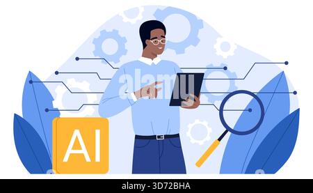 Professional man interacts with AI interface on tablet, surrounded by digital gears, magnifier, and data connections, representing artificial intelligence research isolated on white background vector illustration Stock Vector