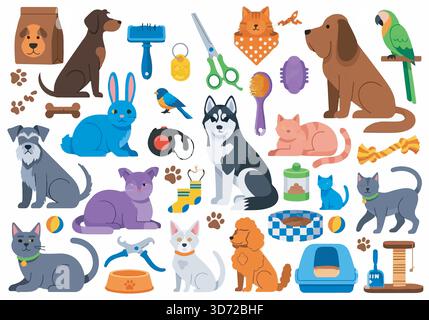Pet care vector set. Cartoon dogs, cats, birds, rabbit, accessories. Veterinary clinic elements. Flat illustration. Stock Vector