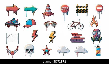 Graffiti elements. Collection of street art inspired vector icons. Urban grunge symbols: arrow, skull, brick wall, spray can, and more. Stock Vector
