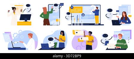 People collaborate with AI bots for programming, analytics, research, writing, art, and language learning in modern digital workspaces, showcasing advanced technology support vector illustration Stock Vector