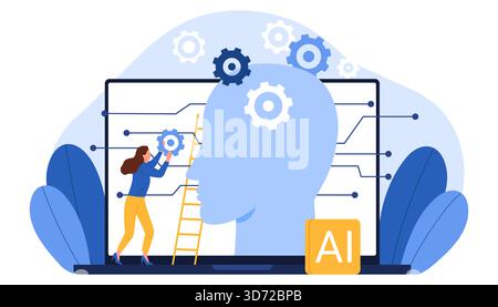 Female character interacts with AI technology, gears, and neural network connections, representing machine learning, innovation, and data science, isolated on white background vector illustration Stock Vector