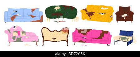 Collection of old, messy sofas with ripped fabric, holes, and visible damage, showing various styles of worn-out couches and armchairs, isolated on white background vector illustration Stock Vector