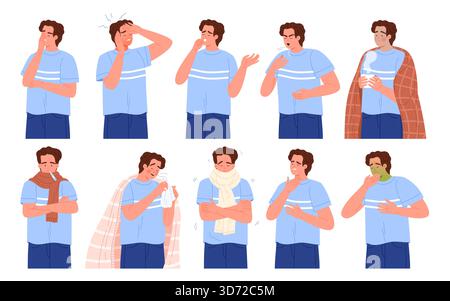 Unwell man showing flu symptoms like sneezing, coughing, fever, sore throat, tiredness, and headache, dressed casually and isolated on white background vector illustration Stock Vector