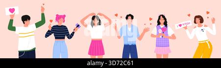 Group of young K-pop fans expressing excitement, holding banners, lightsticks, and microphones, showing love for music and idols, isolated on white background vector illustration Stock Vector
