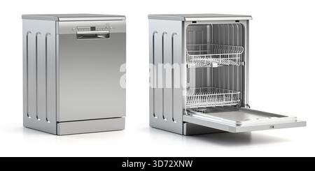 Dishwasher open and closed isolated on white background. 3d illustration Stock Photo