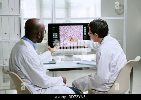 Caucasian Man and Black Man Analyzing Medical Images in Laboratory Stock Photo