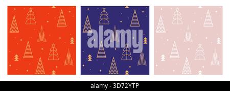 Seamless winter background pattern with linear Christmas trees and snowflakes. Merry Christmas and happy holidays. vector illustration Stock Vector