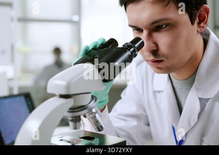 Young Adult Caucasian Man Examining Samples under Microscope in Laboratory Setting Stock Photo