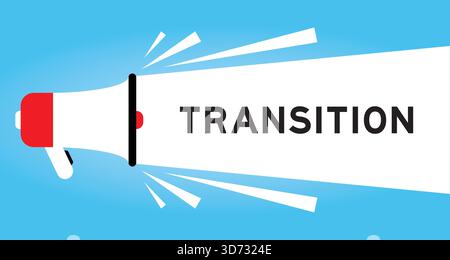 Color megaphone icon with word transition in white banner on blue background Stock Vector