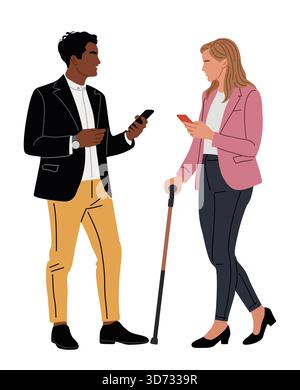 Business man and woman talking, using smart phones Stock Vector