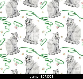 A gray tabby Scottish Fold cat sits surrounded by toys, collars, and green ribbons. Simple watercolor illustration. Seamless pattern featuring the ani Stock Photo