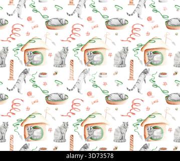 A seamless watercolor pattern featuring a gray tabby cat and various accessories for cat leisure and relaxation: a bed, a house, a scratching post, a Stock Photo