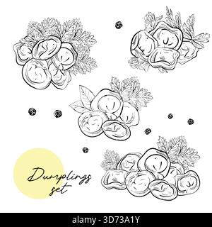 Hand drawn sketch collection of dumpling arrangements vector. Outline ink drawings. compositions. For menus, packaging, books, stickers Stock Vector