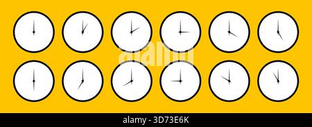 Clocks round faces set. Stopwatch template with different time. Time simple graphic circle sign, symbol. Clock hands icon. Watch face mockups. Hour Stock Vector