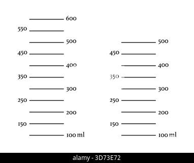 Set of scales 500, 600 ml liquid volume. Graphic minimalist black templates isolated on white background. Measuring milliliters cup, jug to preparing Stock Vector