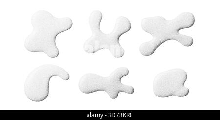 White grainy splash shapes with subtle dot texture and soft gradient shading. Abstract liquid splat elements with dust, spray, and halftone effect Stock Vector