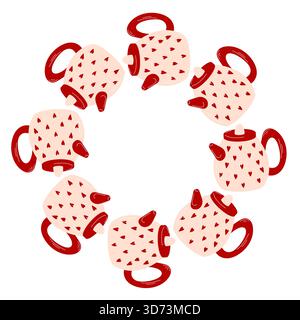 Wreath of cute kettle decorated with small heart for Valentine day arranged in a circular wreath on a white background. Flat style. Stock Vector