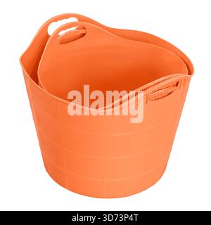 Stack of empty clean orange plastic buckets, isolated on white background Stock Photo