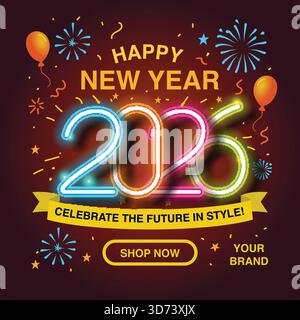 A cheerful and colorful New Year 2026 illustration featuring playful cartoon numbers with expressive faces. Surrounded by vibrant fireworks, confetti, Stock Vector