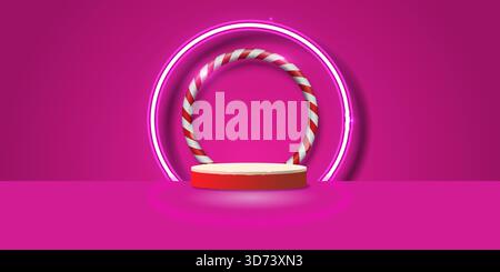 A bright and festive Christmas podium scene featuring a glowing neon circle frame and a candy cane ring on a pink background. Perfect for holiday prom Stock Vector