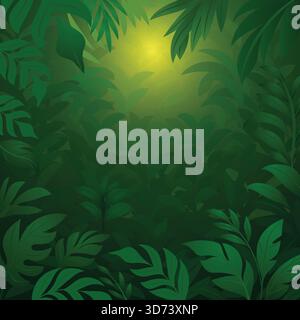 A lush, vibrant tropical jungle background featuring layers of green foliage and leaves. The composition includes various tropical plant silhouettes w Stock Vector
