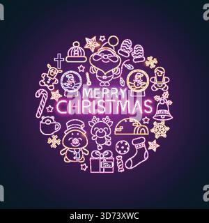Christmas neon sign with neon text Merry Christmas and neon Christmas icon. Stock Vector