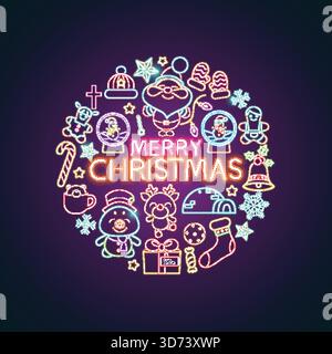 Christmas neon sign with neon text Merry Christmas and neon Christmas icon. Stock Vector