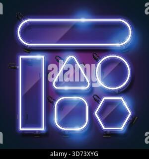 Blue neon banner with glass. Retro blank banner. Stock Vector