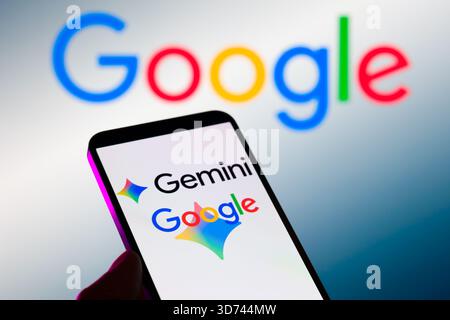 Brussels, Belgium. 23rd Nov, 2025. The Gemini and Google is being displayed on a mobile phone with Google seen in the background, in this photo illustration. Taken in Brussels, Belgium, on 23 November 2025. (Jonathan Raa/Sipa USA) *** Strictly for editorial news purposes only *** Credit: Sipa USA/Ģ����ý Live News Stock Photo