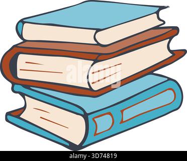 Three books stacked on top of each other. The books are blue and red. The books are stacked in a way that they look like they are about to fall Stock Vector