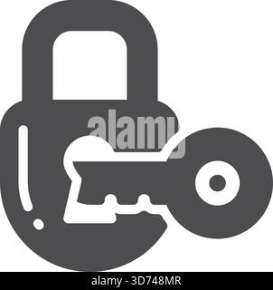A black and white image of a key and a lock. The key is on the left side of the lock and the lock is on the right side. Concept of security and protec Stock Vector