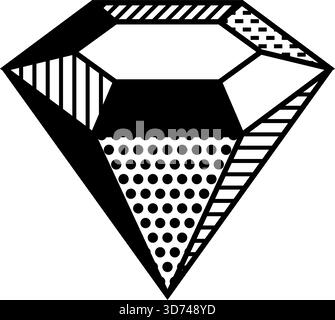 A black and white drawing of a diamond with a white background. The diamond is made up of many small squares and dots Stock Vector