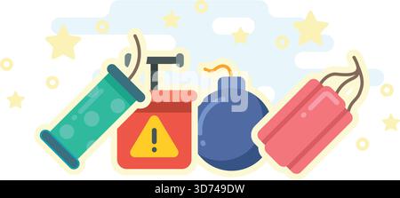 A cartoon of a bomb and a fire extinguisher with a red and yellow sign that says danger in the middle Stock Vector