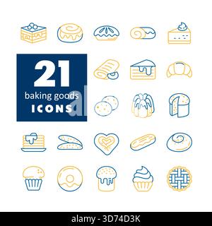 A set of flat icons for various bakery items and sweet pastries. Perfect for menus, food blogs, and cafe or restaurant websites. Stock Vector
