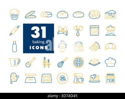 A comprehensive set of 31 flat icons for bakery items and baking tools. Perfect for menus, food blogs, and kitchen-related websites or apps. Stock Vector