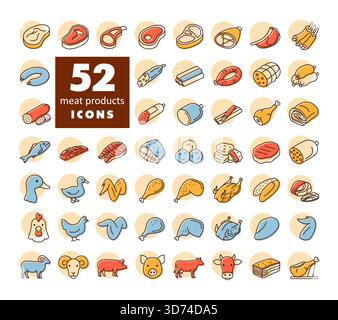 Large collection of 52 minimalistic flat line art icons representing various meat and poultry products, fish, and farm animals. Suitable for food and Stock Vector
