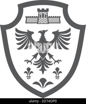 A black and white shield with an eagle on it. The shield is decorated with a castle and a cross Stock Vector