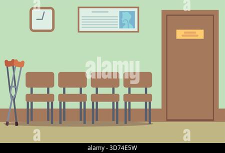 A hospital waiting room with four chairs and a clock on the wall. The chairs are empty and the room is clean and tidy Stock Vector