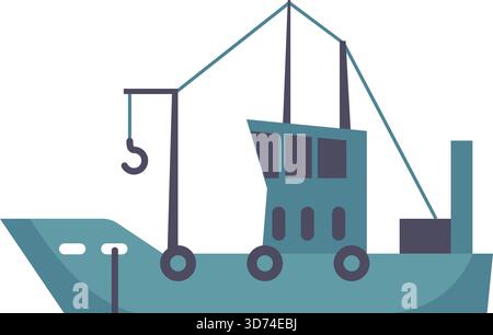 A blue boat with a crane hanging from it. The boat is large and has a lot of detail Stock Vector