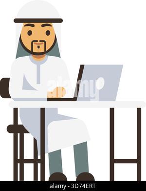 A man wearing a white robe and a white hat is sitting at a table with a laptop. He is focused on his work Stock Vector