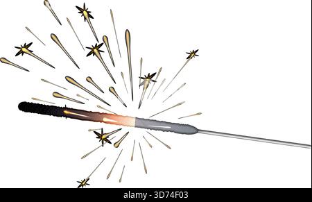A sparkler is lit and is shooting sparks in the air. The sparks are yellow and white Stock Vector