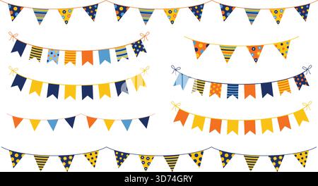 Festive and cheerful vector buntings with colorful flags with dots and stripes for kid birthdays, parties and other celebrations Stock Vector