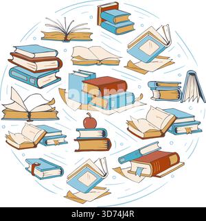 A collection of books with one of them being titled The Apple . Concept of knowledge and learning, as well as the importance of reading and education Stock Vector